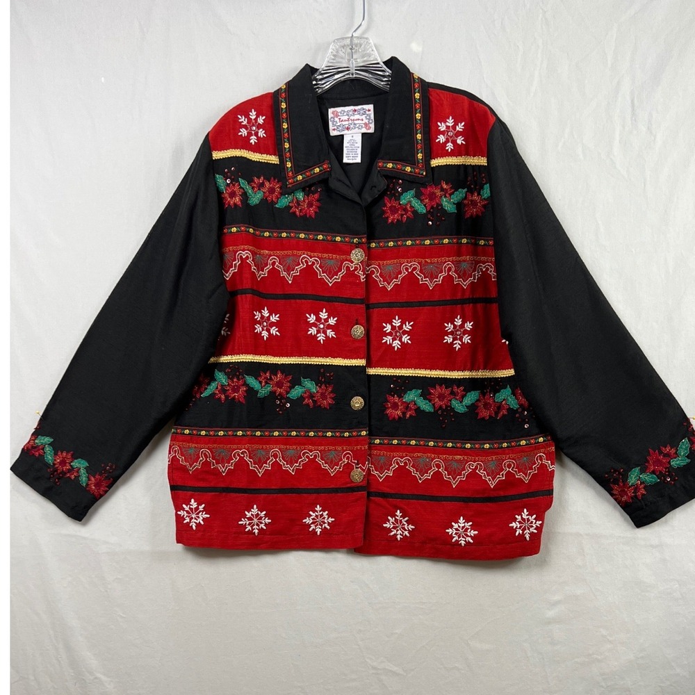 Tantrums Christmas Jacket Womens S Black Red Silk Blend Embroidered Beaded